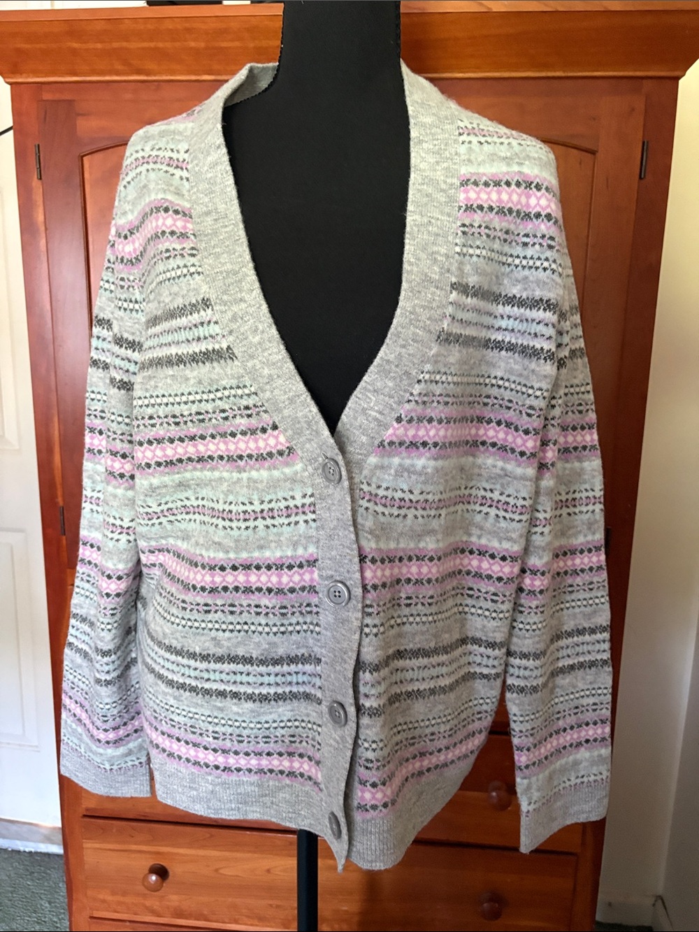 Talbots Gray Cardigan with Pink Fair Isle Stripes